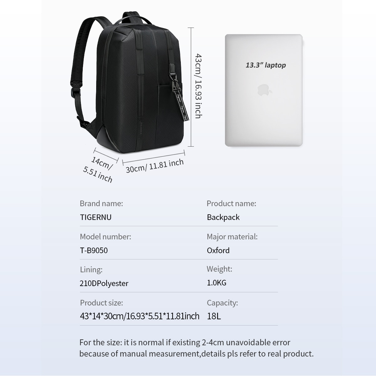 Rucsac laptop 13.3", sport casual, din material impermeabil rigid, cu buzunar antifurt, Tigernu, 30x14x43 cm, Negru