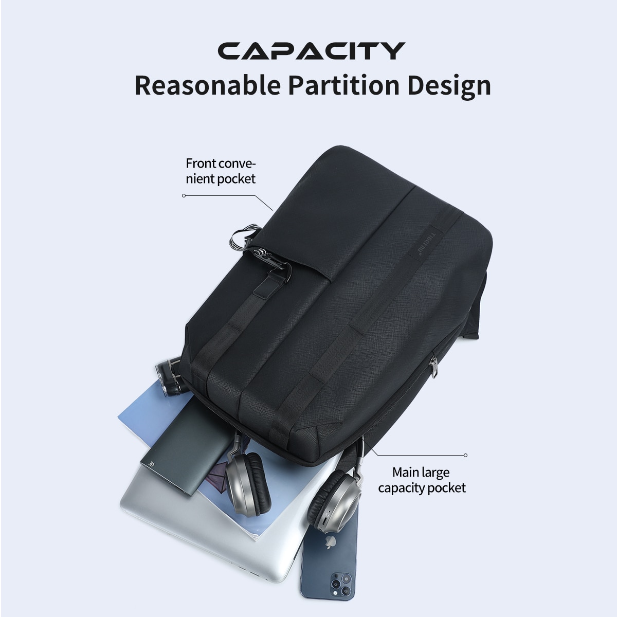 Rucsac laptop 13.3", sport casual, din material impermeabil rigid, cu buzunar antifurt, Tigernu, 30x14x43 cm, Negru