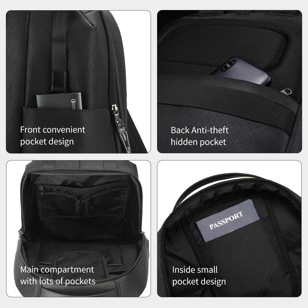 Rucsac laptop 13.3", sport casual, din material impermeabil rigid, cu buzunar antifurt, Tigernu, 30x14x43 cm, Negru