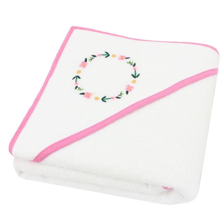 Prosop cu gluga, floricele roz, bumbac, alb, 80 x 100 cm