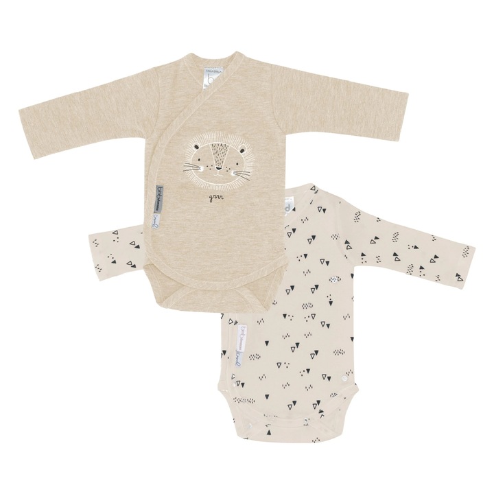 Set de 2 body petrecute cu maneca lunga, Crem, 55-61 cm, - LION - BimbiDreams