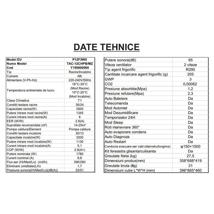 Aparat de aer conditionat portabil TCL-DeLonghi, TAC-12CHPB/MZW, 12.000 BTU, functie racire, incalzire, dezumidificare, ventilatie