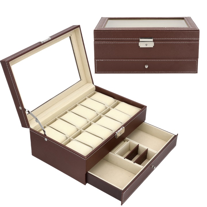 Husa, Piele Ecologica, Fereastra De Sticla, Sertar Detasabil, Lungime 30 cm, Latime 20 cm, Inaltime 13 cm, Bej