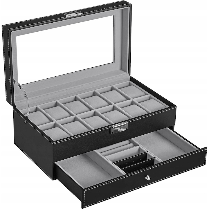 Cutie Caseta Din Lemn Pentru Depozitare Si Organizare 12 Ceasuri, G21, Model Premium Cu Sertar, 30 x 20 x 13 cm, Negru