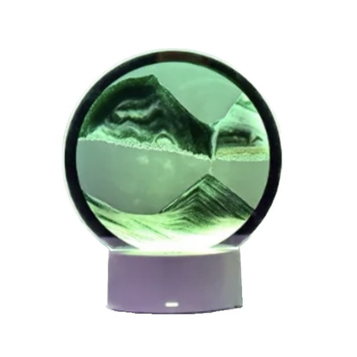 Lampa decorativa tip clepsidra, AHA PRINT, nisipuri miscatoare Moving SandArt, baza RGB 16 culori control touch si telecomanda, alimentare USB sau baterii, 20cm, verde