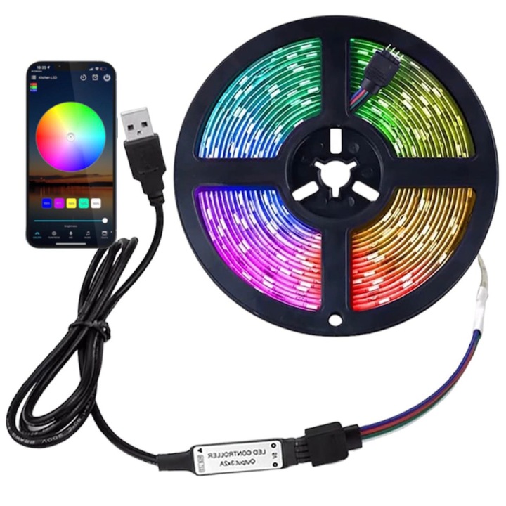 Banda LED 5050 RGB, 10metri, 2X5m, Interior, leduri, Adeziva, Wi-Fi, aplicatie telefon, timer On/Off, mod muzica, microfon, intensitate lumina reglabila