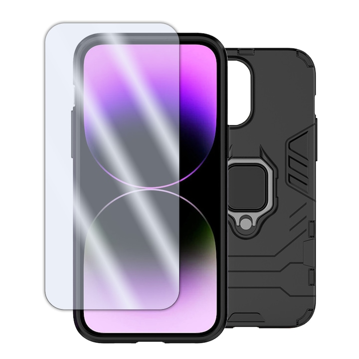 Armor Ring mágneses tartó hátlap szett és tokbarát üveg képernyővédő fólia Apple iPhone 5 / 5s / SE készülékhez, fém gyűrű, teljes 360°-os védelem, masszív szerkezet, fekete, éjfekete