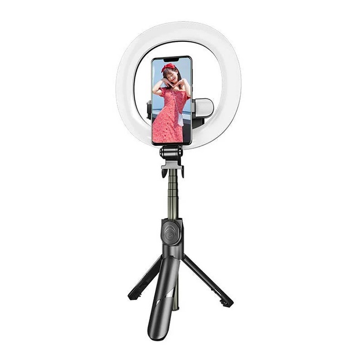 Selfie stick si trepied cu inel Led Puluz cu iluminat dublu pentru telefon, Bluetooth 4.0, 2900K-6500K, Negru