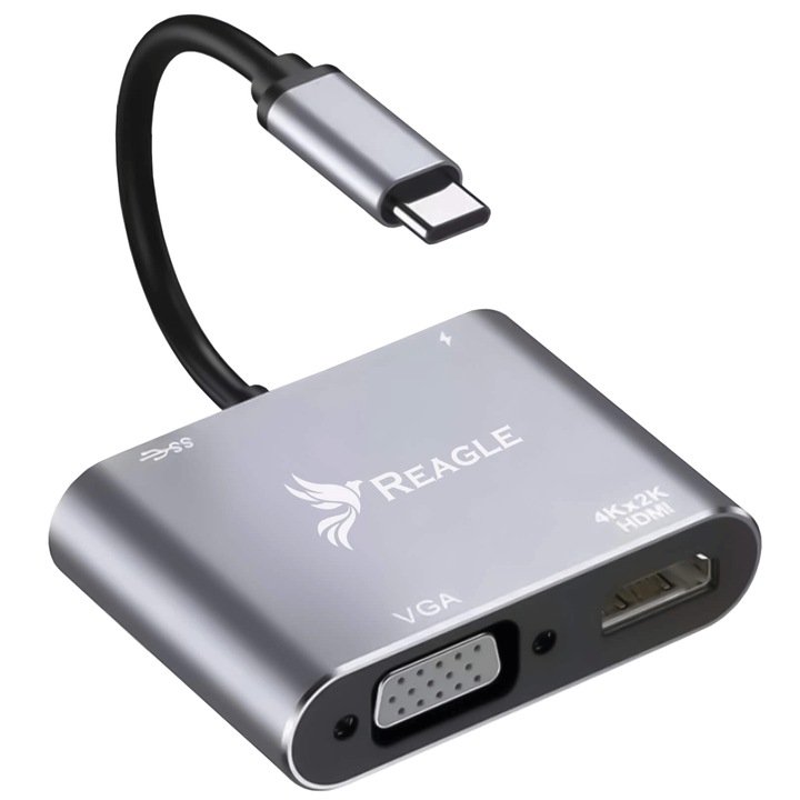 ХЪБ USB Type-C адаптер USB C към HDMI 4K VGA 1080p Reagle USB-C PD 100W