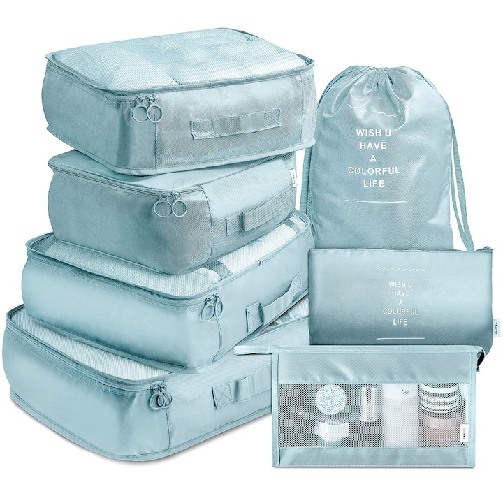 Комплект от 7 пътни чанти, Wallalla, полиестер, водоустойчив, бледо син
