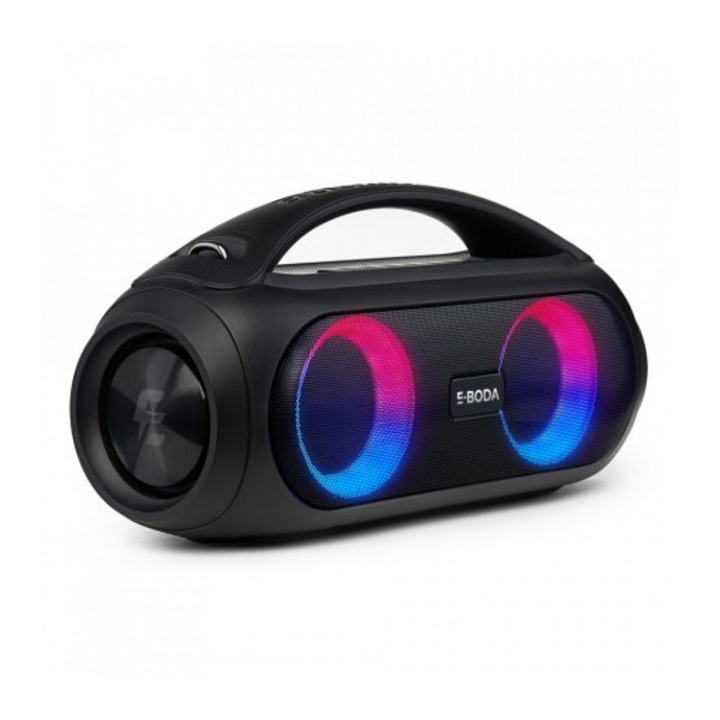 Boxa portabila E-Boda, The Vibe 410, Bluetooth 5.1, MicroSD, Radio FM, Micro USB, Aux, Lumini LED RGB, Negru