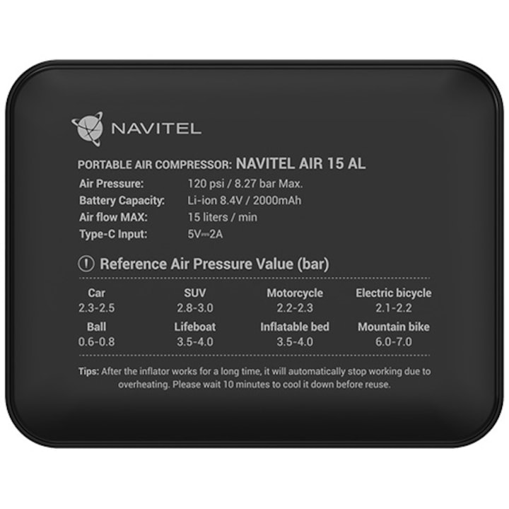 Compresor Navitel Auto-Moto, cu acumulator 2000 mAh, debit de aer 15 l/min, 120PSI / 8,27 bar, info display, Lanterna LED, alimentare USB-C, include 4 duze si geanta