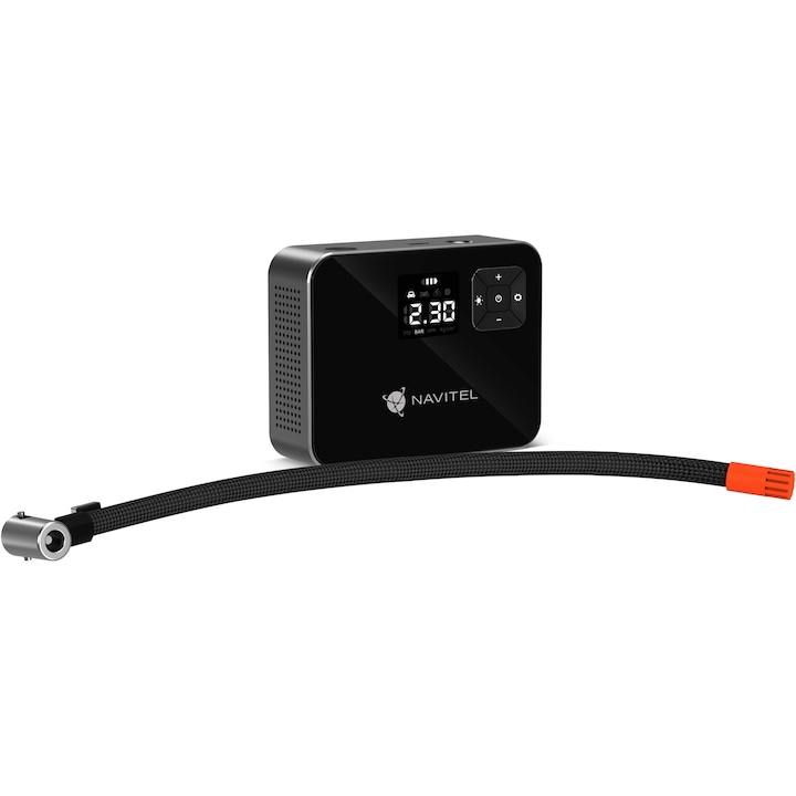 Compresor Navitel Auto-Moto, cu acumulator 2000 mAh, debit de aer 15 l/min, 120PSI / 8,27 bar, info display, Lanterna LED, alimentare USB-C, include 4 duze si geanta