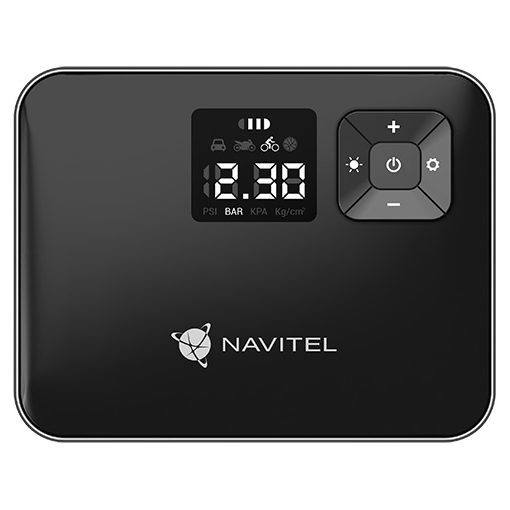 Compresor Navitel Auto-Moto, cu acumulator 2000 mAh, debit de aer 15 l/min, 120PSI / 8,27 bar, info display, Lanterna LED, alimentare USB-C, include 4 duze si geanta