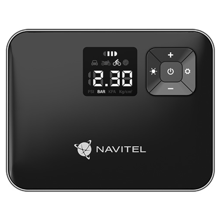 Компресор Navitel Auto-Moto, 2000 mAh батерия, Въздушен поток 15 л/мин, 120PSI/8.27 бара, Информационен дисплей, LED фенерче, USB-C захранване, Включва 4 дюзи и чанта