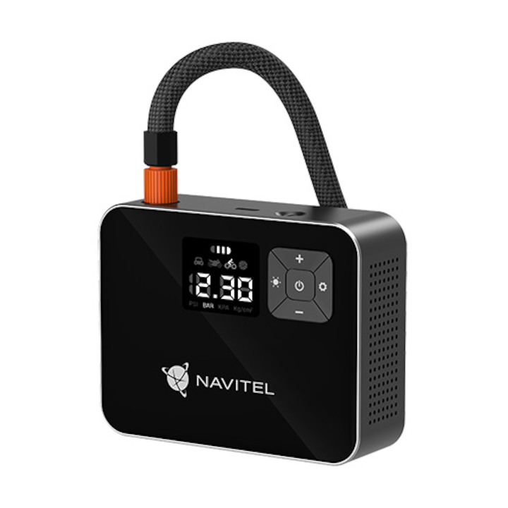 Compresor Navitel Auto-Moto, cu acumulator 2000 mAh, debit de aer 15 l/min, 120PSI / 8,27 bar, info display, Lanterna LED, alimentare USB-C, include 4 duze si geanta