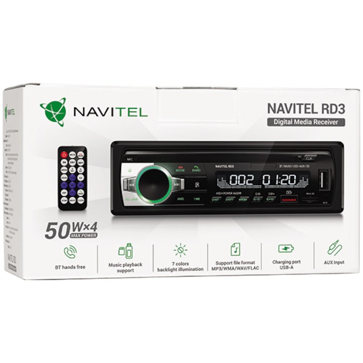 Player Auto Navitel RD3, 1DIN 4х50 watt, Bluetooth 4.0 cu suport A2DP, HFP, FM, redare FLAC, MP3, WMA, WAV, AUX input, microSD pana la 256GB
