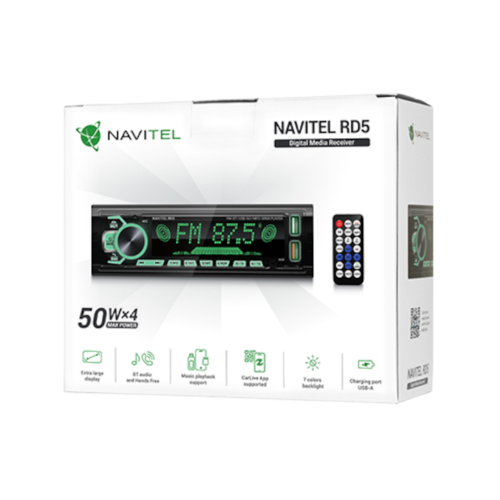 Player Auto Navitel RD5, 1DIN 4х50 watt, Bluetooth 4.0 cu suport A2DP, HFP, FM, redare FLAC, MP3, WMA, WAV, AUX input, microSD pana la 256GB