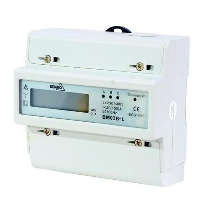 Contor de energie electrica trifazat, Bemko, BM03B-L, 108x83x68 mm, Alb