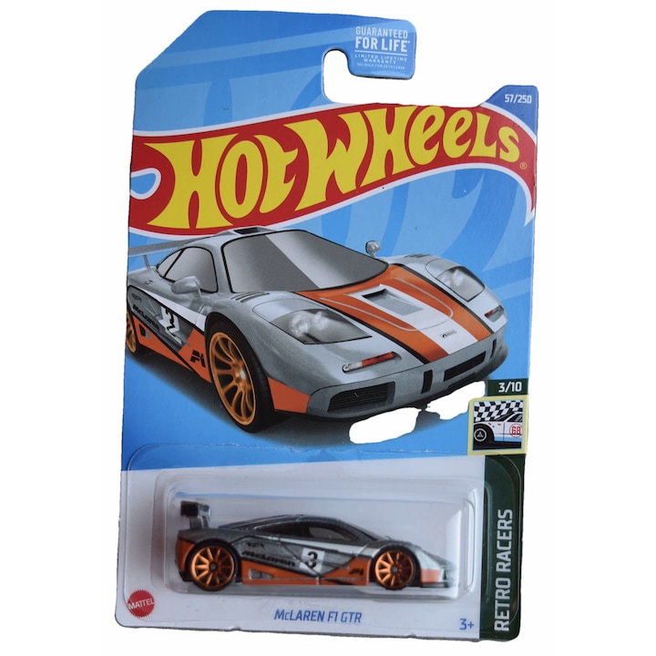 Метална кола Hot Wheels, McLaren F1 GTR 1:64, сив
