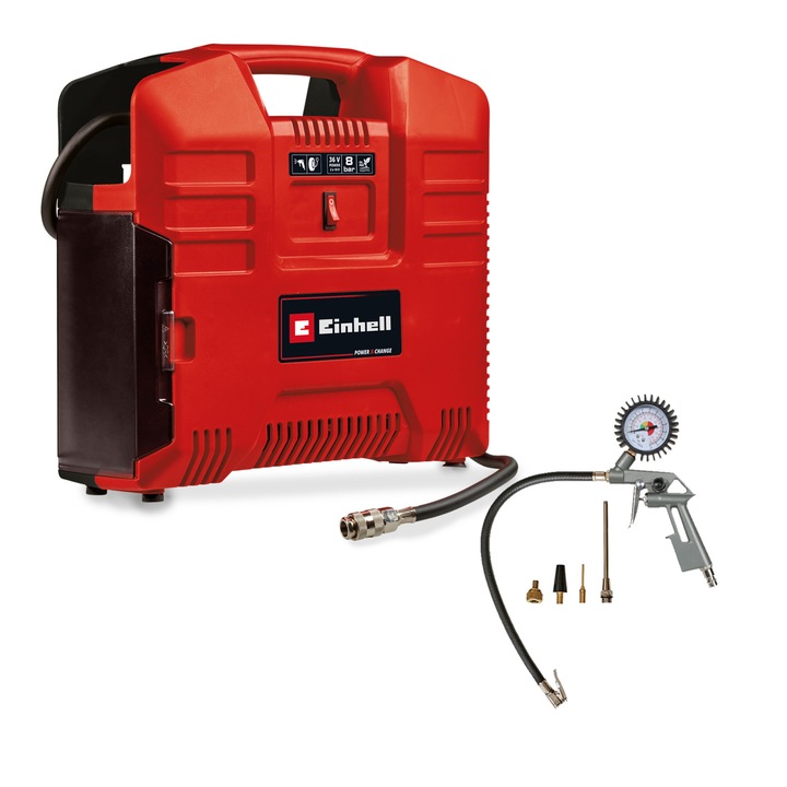 Акумулаторен въздушен компресор Einhell Power X-Change TE-AC 36/8 Li OF Set-Solo, Преносим, 2x18 V, Максимално налягане 8 бара, Kапацитет на засмукване 130 л/мин, Без батерия/зарядно устройство