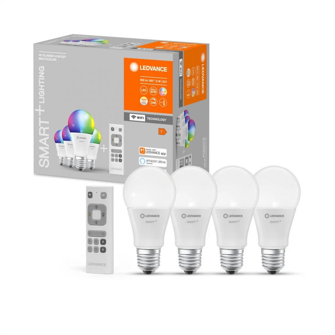 Osram Pachet 4 Becuri LED RGB inteligente Ledvance SMART+ WiFi Classic  Multicolour A, E27, 9W (60W), 806 lm, lumina alba si color (2700-6500K) +  Telecomanda, fara baterii (4058075723283)