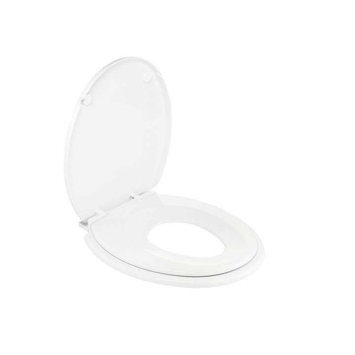 Capac WC din polipropilena, cu adaptor pentru copii Wirquin Family 20719572, alb, inchidere lenta, dimensiune 385 x 440 mm