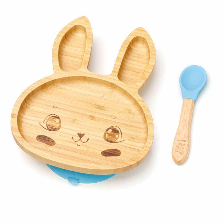 Bambusz diverzifikáló tányér csúszásgátló tapadókoronggal és kanállal, Dodoli, Rabbit, Blue