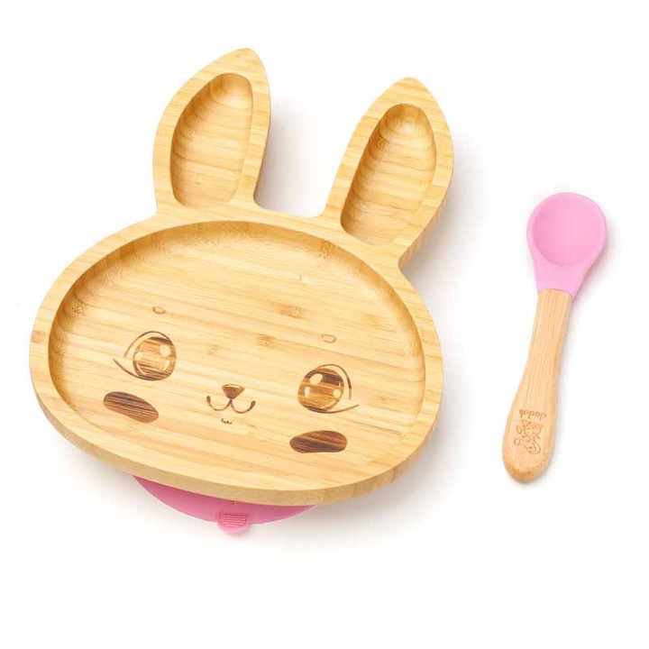 Bambusz diverzifikáló tányér csúszásgátló tapadókoronggal és kanállal, Dodoli, Rabbit, Pink