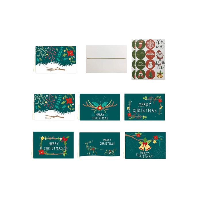 Комплект от 24 поздравителни картички Christmas Sunshine, 24 плика, 2 листа със стикери, Хартия, Многоцветен, 10 х 15 см