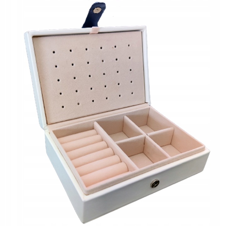 Cutie De Bijuterii, Compartiment Superior Pentru Bratari, Compartiment Mijlociu Cu 30 De Locuri Pentru Cercei, Compartiment Inferior Cu 7 Role Pentru Inele, 11.5 x 16.5 x 5.8 cm, Piele ecologica, Alb