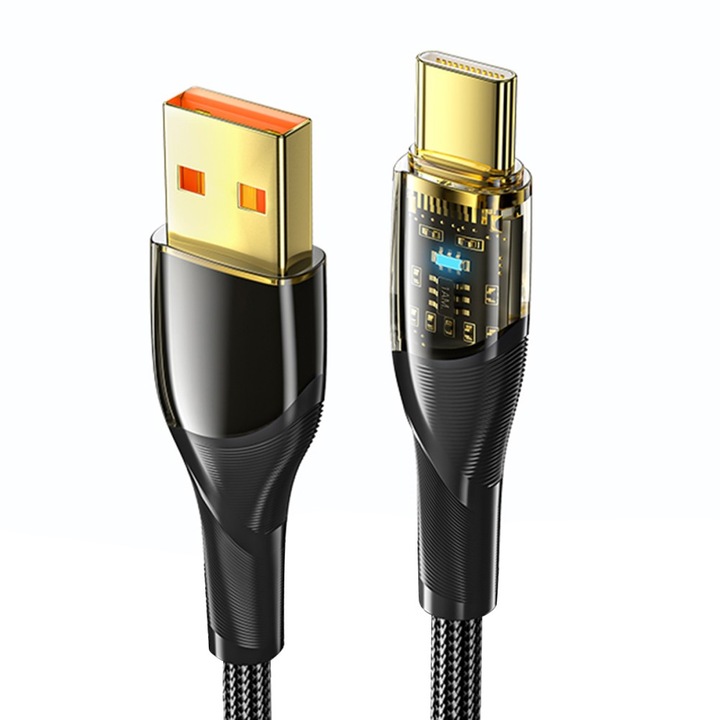 Cablu Date Incarcare USB-A la USB-C, LED, Transparent, 80W, 7A, SuperDart 80W, SuperDart 65W, PD, QC4.0, FCP, Negru 2M
