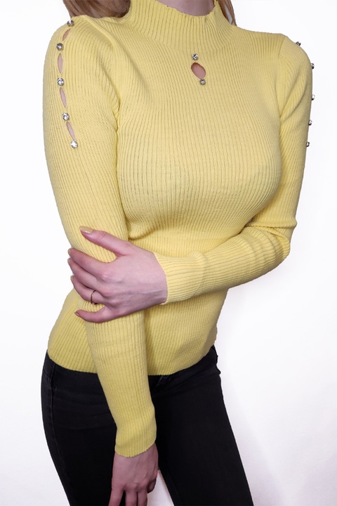 Bluza tricot Zaya, cu guler la baza gatului, aplicatii ornamentale pe umeri, Galben, S/M