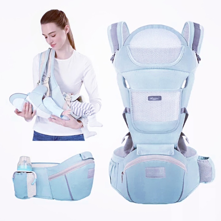 OEM Babahordozó, Ergonomikus, Multifunkcionális, Gyermek szállítása elöl vagy hátul, Üléssel, csípőn vagy vállon hordható, 0-36 hónapos korig, Pamut, 12 pozíció, Kék