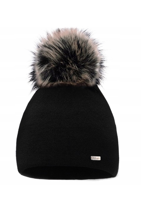 Caciula dama cu pompon, Alur, A13, Acril/Poliamida, Marime universala, Negru/Maro