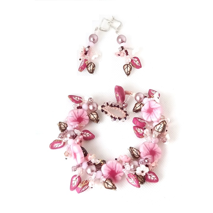 Set bratara si cercei, handmade, roz, din lut polimeric, 19 cm