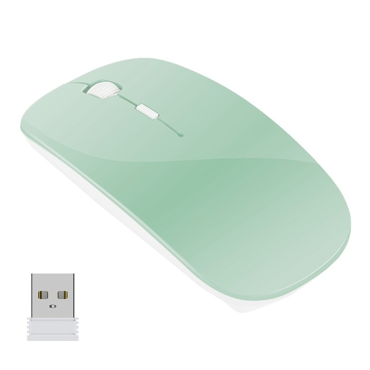 Безжична мишка Silicko, Bluetooth 5.2 и 2.4G, Акумулаторна, RGB LED, Ултра тънка, За гейминг, Светлозелена