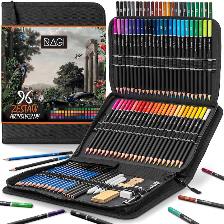 Set profesional de creioane colorate cu accesorii pentru desen si schite, RAGI, 96 de piese