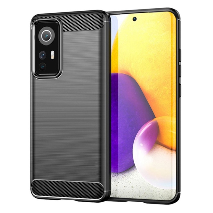 Husa de silicon TPU pentru Xiaomi 12 Lite, Fiber Carbon, TPU Flexibil, Durabil, Perfect Slim Fit, Optim Solution, Negru