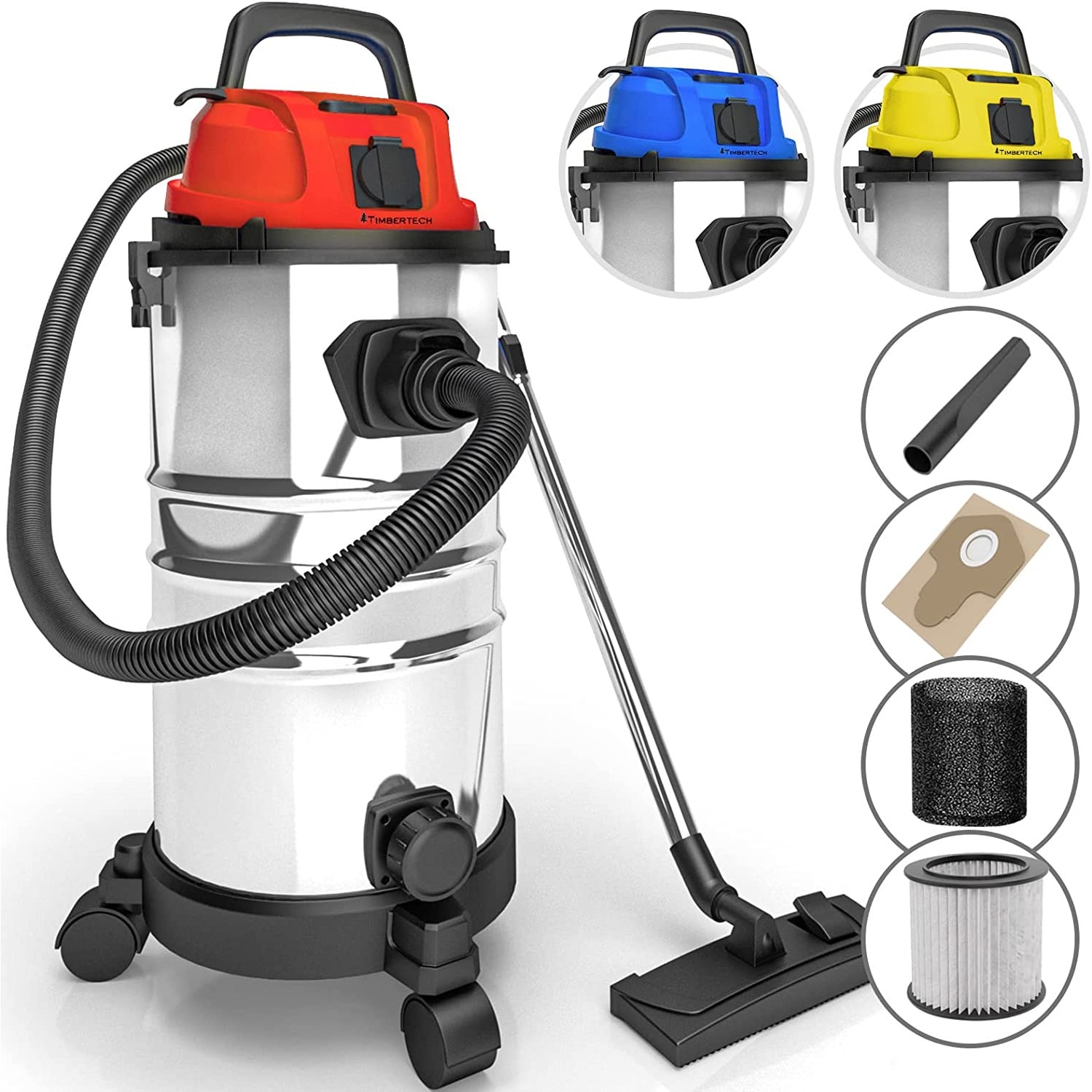 Aspirator multifunctional, aspirare umeda si uscata, putere 2300 W, 30 Litri, functie de suflare, 3 filtre, otel inoxidabil, rosu