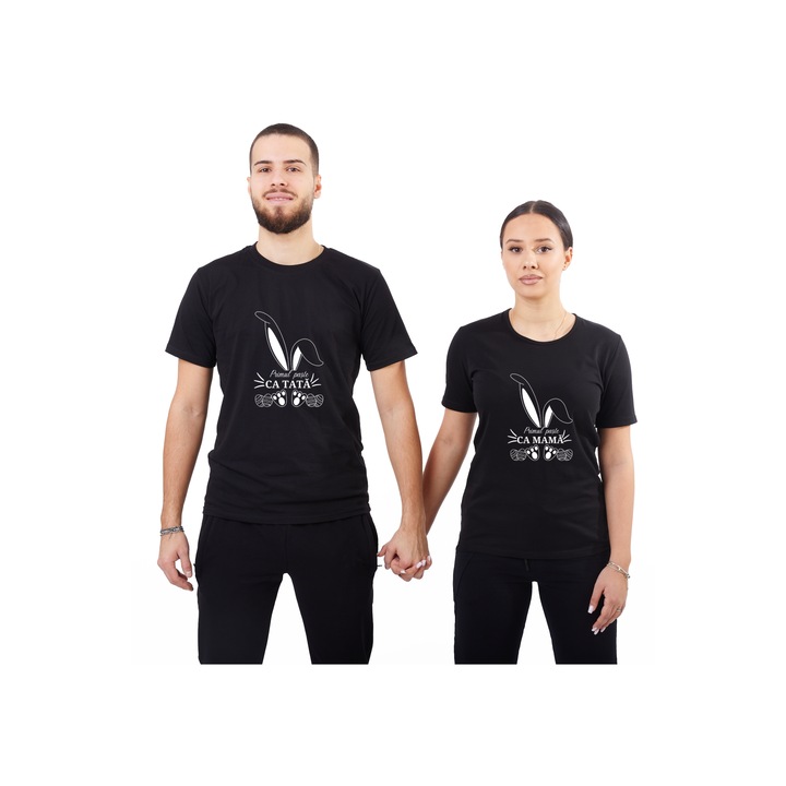 Set 2 Tricouri personalizate cuplu, imprimeu cu iepuras si oua de Paste Mama si Tata, Bumbac, Negru, XL