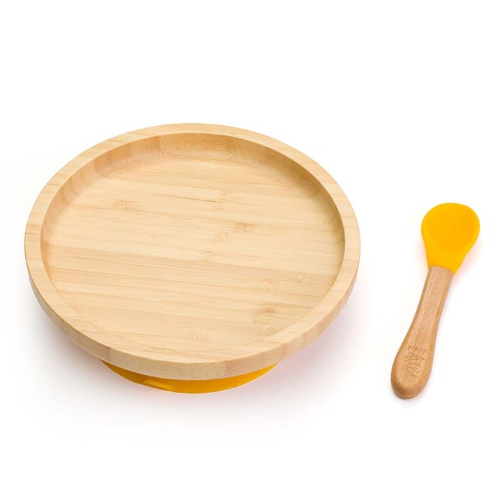 Nem rekeszes bambusz tányér csúszásgátló tapadókoronggal és kanállal, Dodoli, Kerek, Sárga