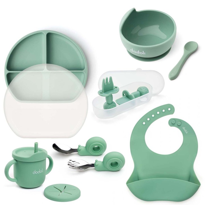 Set Dodoli cu 10 piese pentru diversificare bebelusi si hranire copii mici, silicon alimentar si otel inoxidabil, Cyan