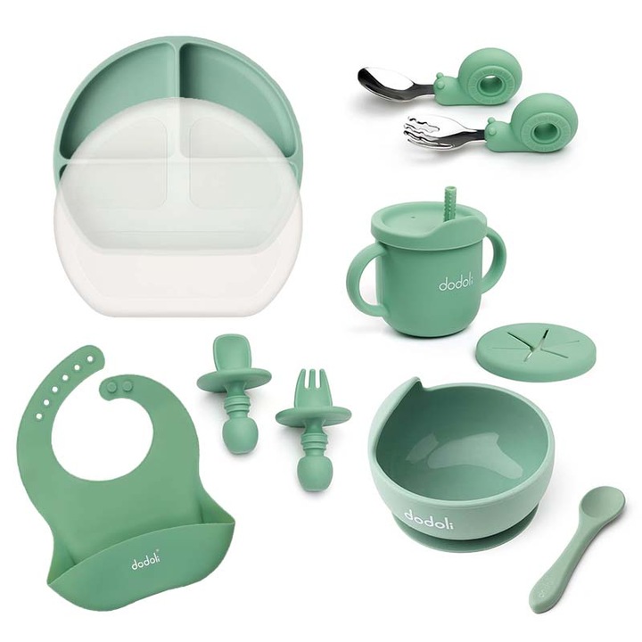 Комплект за хранене на малки деца Dodoli, От хранителен силикон и неръждаема стомана, Зелен