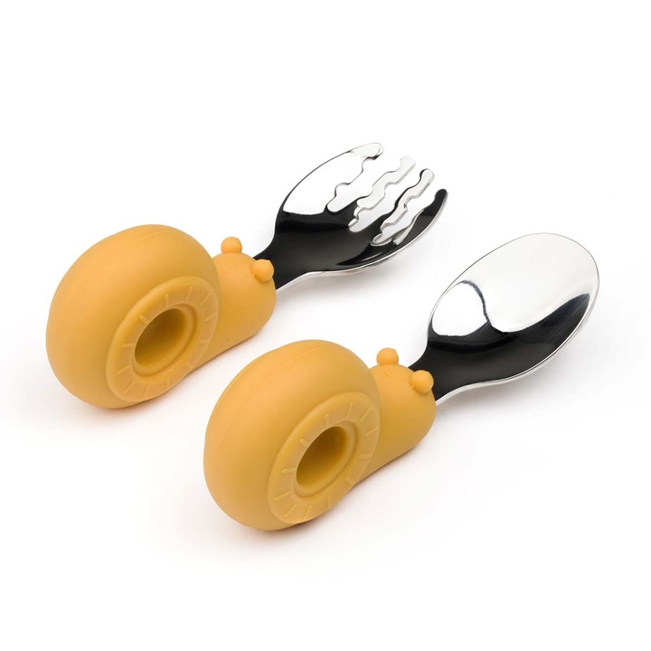 Set tacamuri Dodoli cu furculita si lingurita pentru bebelusi si copii mici 12+ luni, Melc Honey