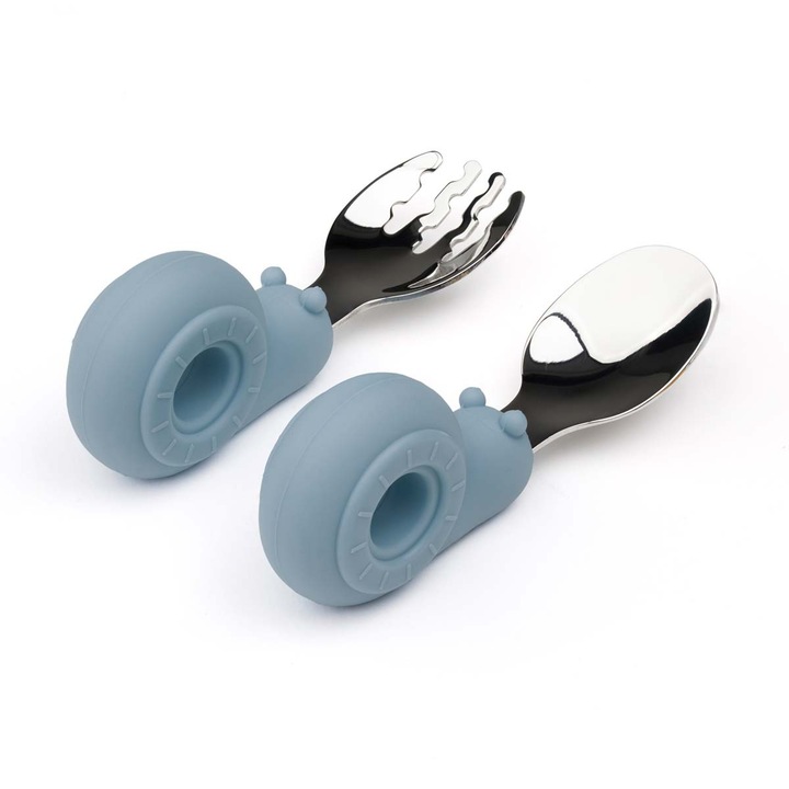 Set tacamuri Dodoli cu furculita si lingurita pentru bebelusi si copii mici 12+ luni, Melc Seablue