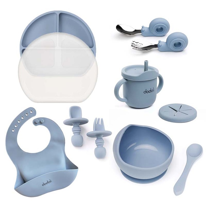 Dodoli komplett etetési készlet, babák diverzifikálásához és kisgyermekek etetéséhez, élelmiszer-szilikon, Seablue