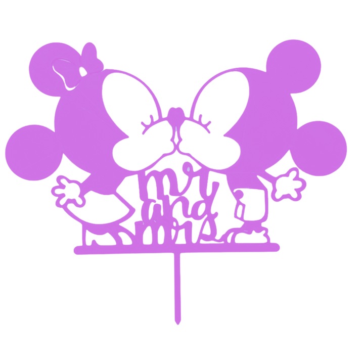 Esküvői torta felső dekoráció, Mr&Mrs Mikivel és Minnie-vel, lila 14,5 x 17,5 cm