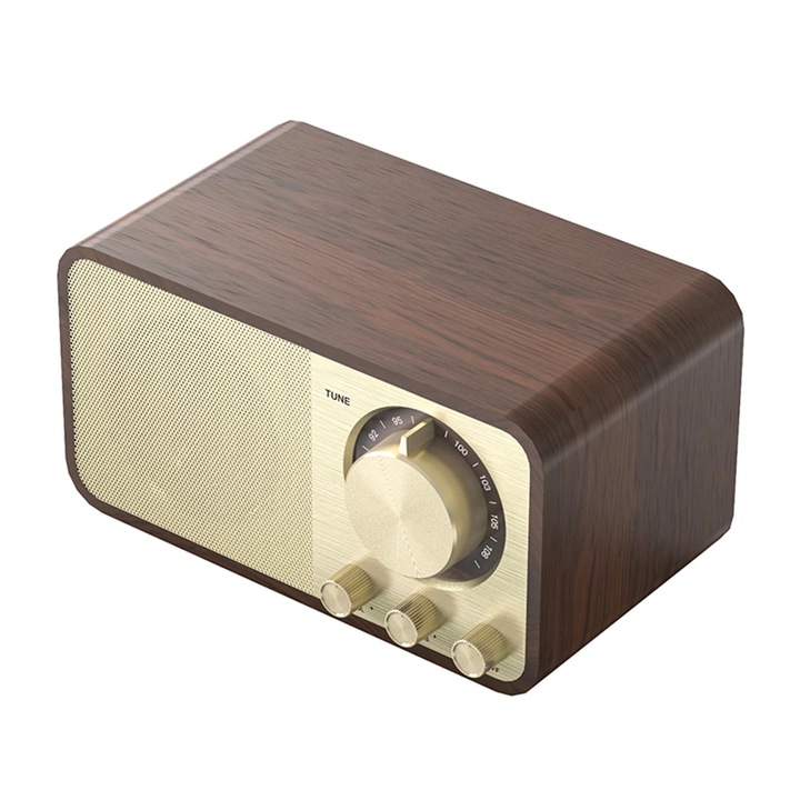 Radio portabil retro, Walalla, Lemn, Bluetooth 5.0, 1800 mA, Maro/Auriu