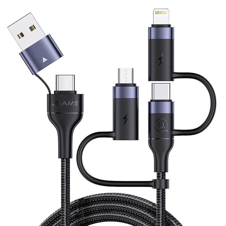 Cablu Date si Incarcare Rapida Usams, 5 in 1, QC 3.0, 60W, USB, Type-C, Lighting, Macro-USB 1.2m, Compatibil iPhone, Samsung, Huawei
